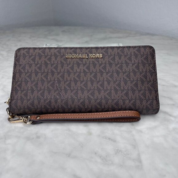 Michael Kors Continental Wallet JetSet Zippered Large Brown Wristlet Leather - Picture 16 of 16
